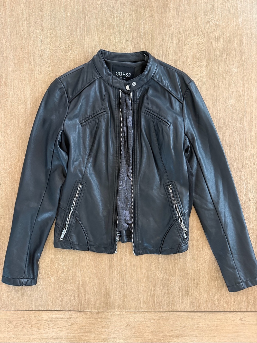 GUESS Black Faux Leather Moto Jacket Women’s Medium Zip Up Racer